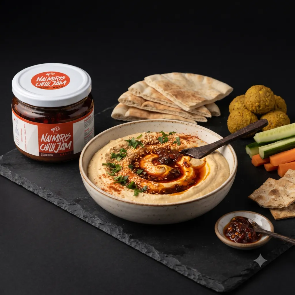 Creamy Hummus with NaiMiris Chili Jam